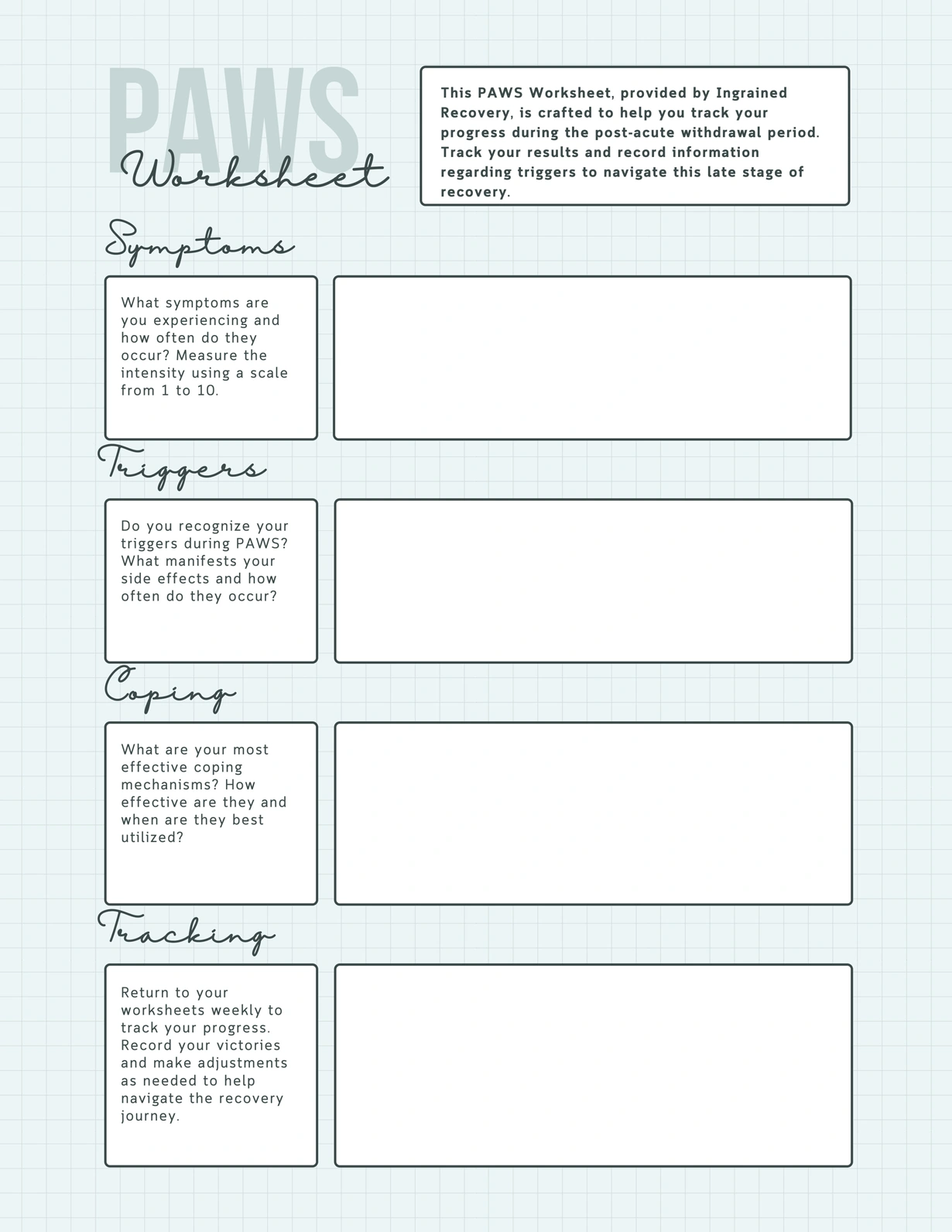Post Acute Withdrawal Syndrome Worksheet - Ingrained Recovery