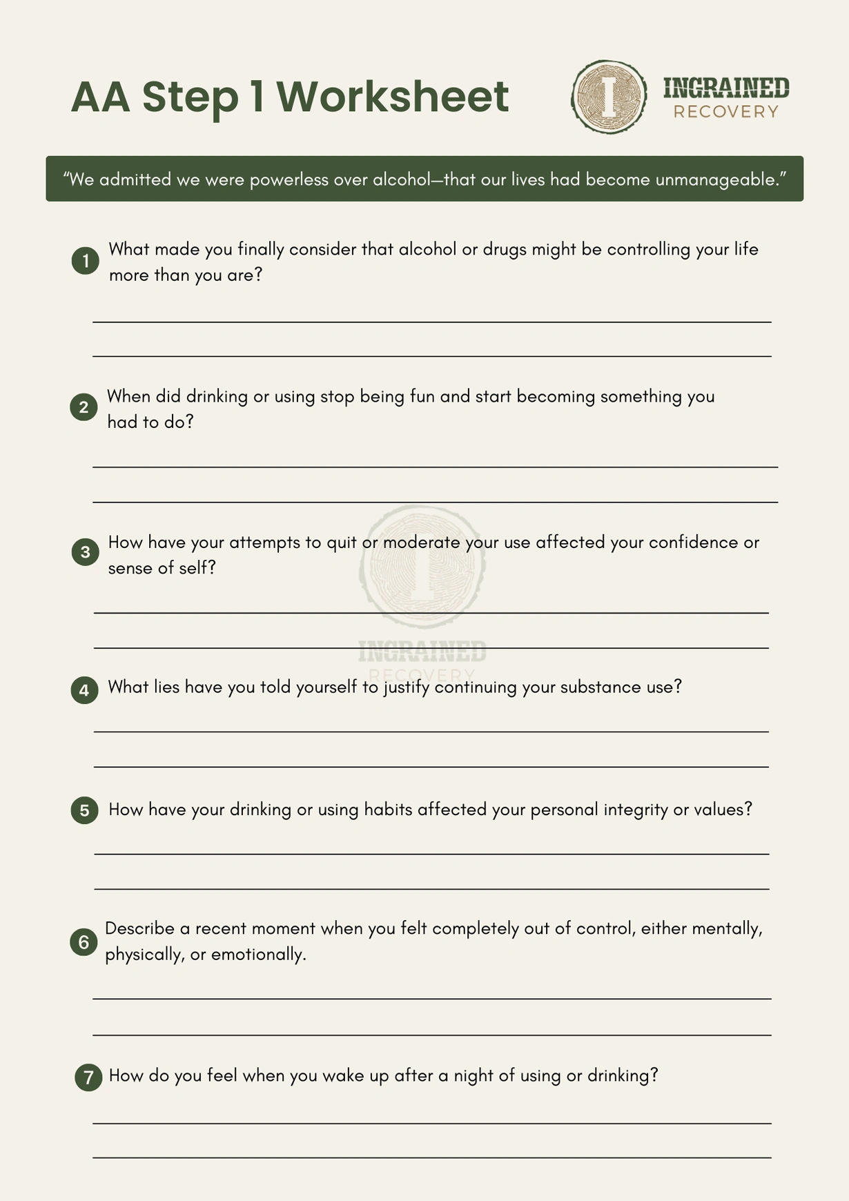 AA Step One Worksheet - Page 1 - Ingrained Recovery