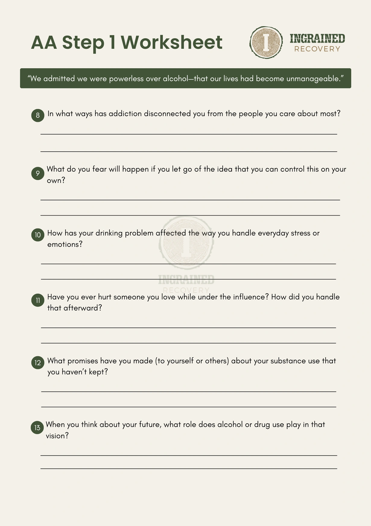 AA Step One Worksheet - Page 2 - Ingrained Recovery