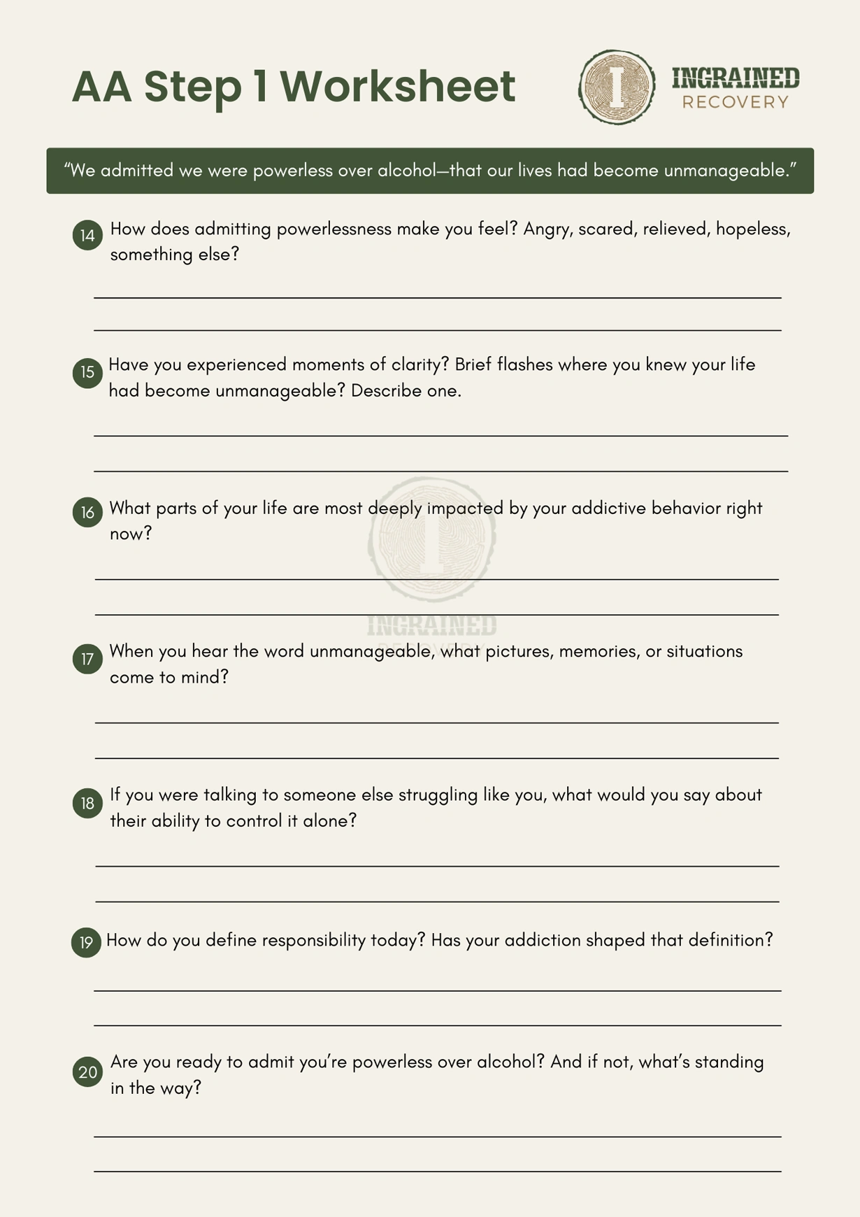 AA Step One Worksheet - Page 3 - Ingrained Recovery