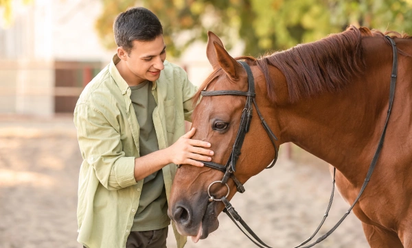 Image of a male in front of a horse with one hand on the horse's face - Equine-Assisted Therapy for Veterans at Ingrained