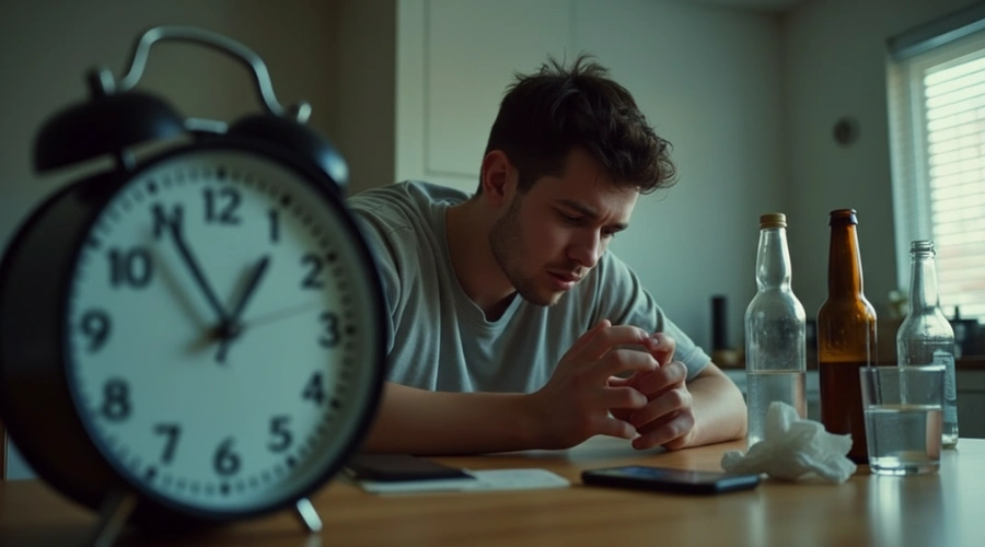 Image of a man sitting at a table next to empty bottles of alcohol - Alcohol Withdrawal Symptoms After Heavy Drinking
