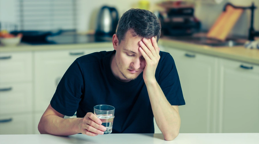 Image of a man sitting at a table with a glass of water in his hand and suffering from a hangover - How Long Does It Take To Sober Up - Ingrained Recovery