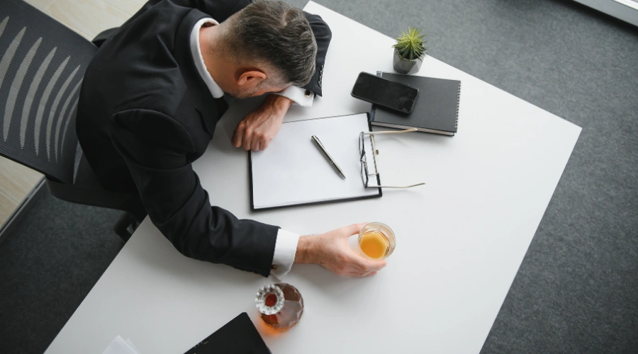 Image of a man passed out on a desk, sitting in front of a legal pad and a glass of whiskey in one hand - Is It Illegal to Drink at Work - Ingrained Recovery