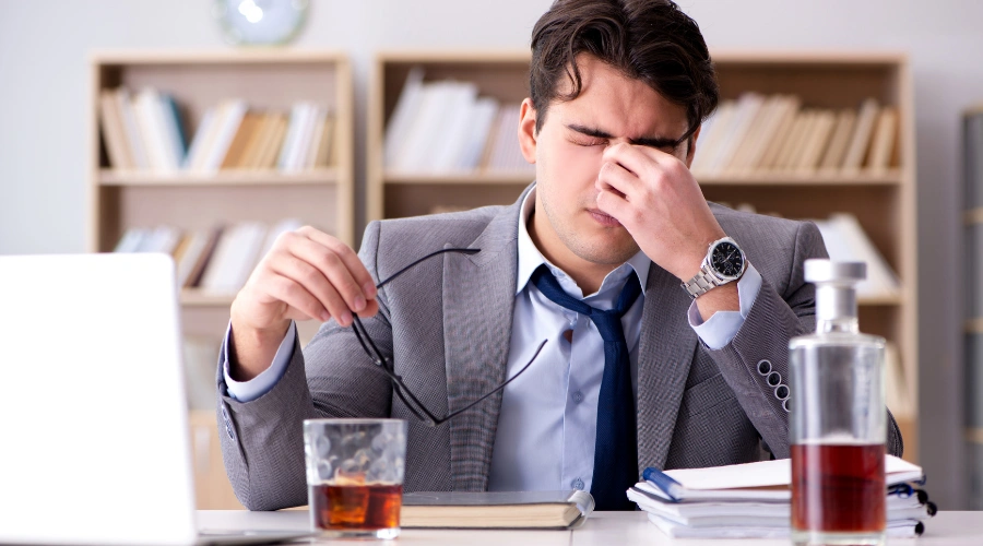 Stressed man at desk with alcohol bottle, showing impact of morning drinking on work