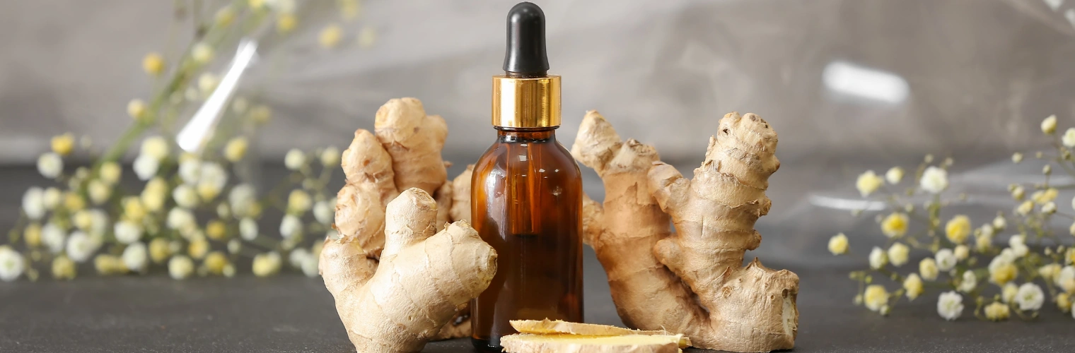 Image of ginger essential oil relieving nausea and stomach discomfort during detox Image of a bottle of ginger essential oil and ginger roots, which relieves nausea and stomach discomfort during detox