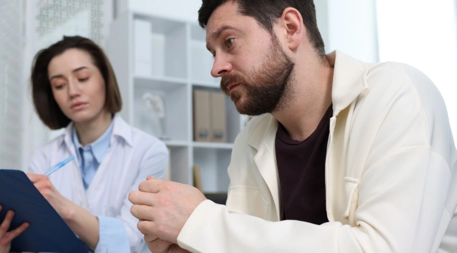 Medical staff assisting a patient in a detox facility, providing support for opioid withdrawal and addiction treatment.