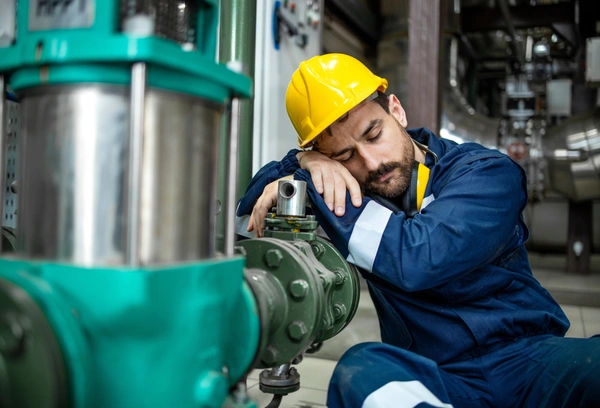 Image of an exhausted oil and gas worker pausing during a long shift, emphasizing the importance of early treatment to prevent safety risks and worsening health Image of an exhausted oil and gas worker with his eyes closed, pausing during a long shift, emphasizing the importance of early treatment to prevent safety risks and worsening health