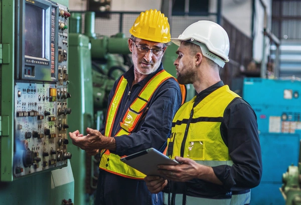 Image of oil and gas workers on-site during a long shift, highlighting the demanding conditions of the industry Image of two oil and gas workers on-site during a long shift, highlighting the demanding conditions of the industry