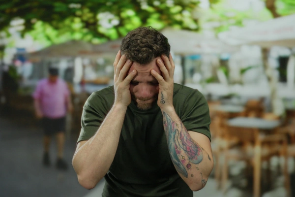 Image of a man standing with both hands on his head, experiencing intense mood swings - Drug Induced Bipolar Disorder