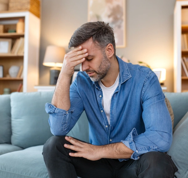 Image of a man sin despair, sitting with his hand on his head,, representing the emotional strain and risk factors associated with substance-induced bipolar disorder