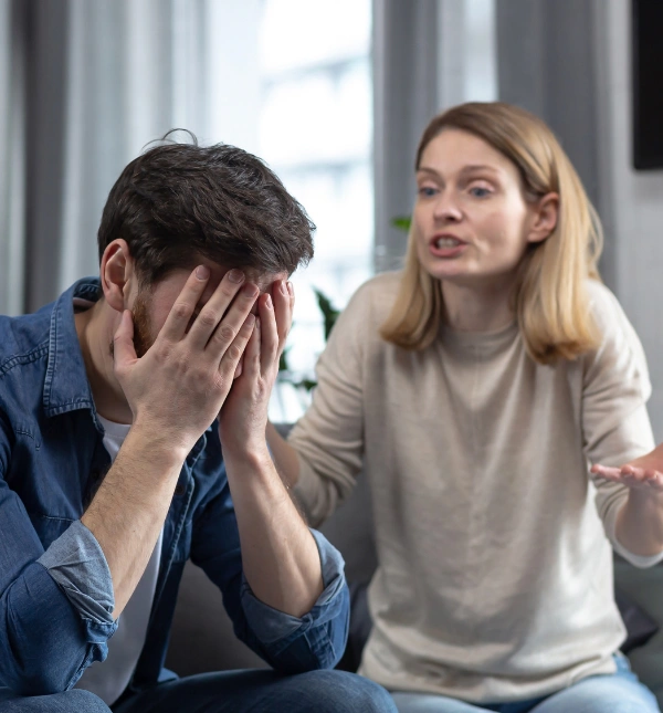 Image of a stressed married couple in conflict, representing signs that alcohol or drug use is impacting a marriage Image of a stressed married couple in conflict, representing signs that alcohol or drug use is impacting a marriage