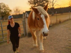 christy-equine-therapist-at-ingrained-recovery-works-with-horse-at-sunset Equine therapist Christy works with a horse during a golden sunset at Ingrained in Eastman