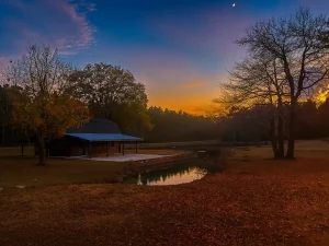 colorful-sunset-on-ingrained-outbuildings-and-pond A colorful sunset fall across the buildings and pond at Ingrained Recovery in Eastman GA