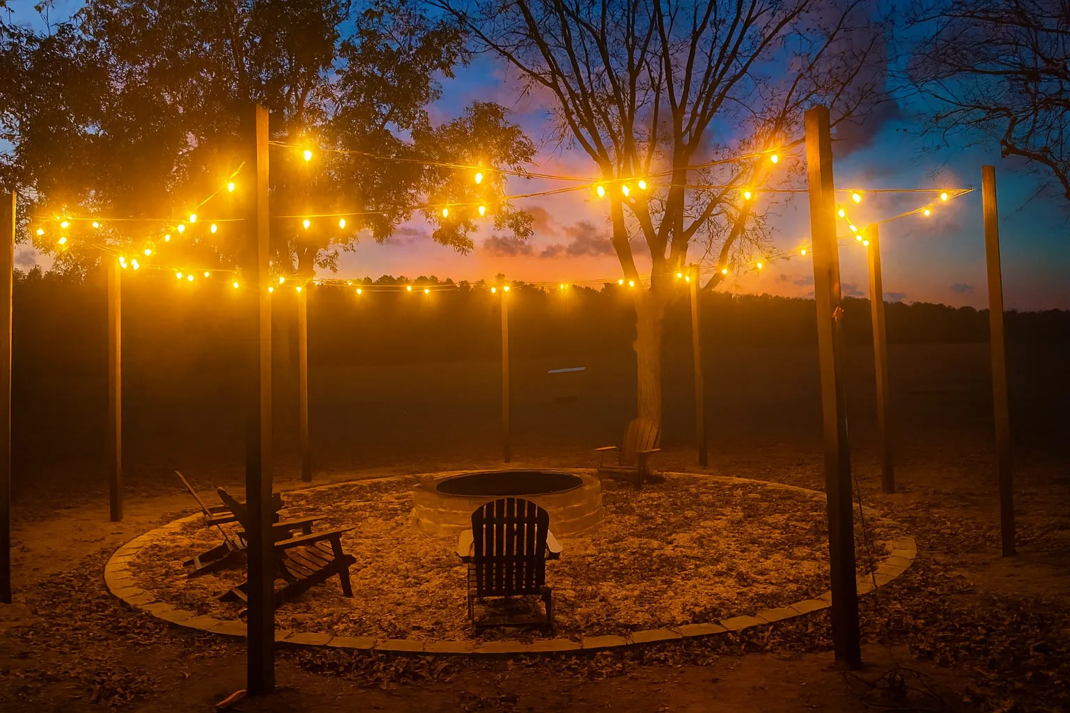 fire-pit-at-dusk-with-string-lights-ingrained-georgia The fire pit at Ingrained Recovery is lit up with string lights at dusk