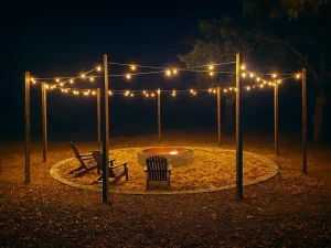 firepit-at-ingrained-recovery-at-nighttime The firepit at Ingrained Recovery shown in wide view and lit by string lights at night