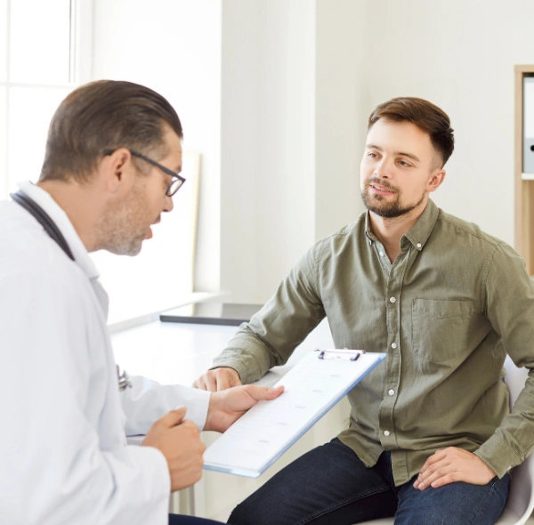 Image of a male patient discussing his Alliant health insurance coverage with an administrator for substance abuse treatment