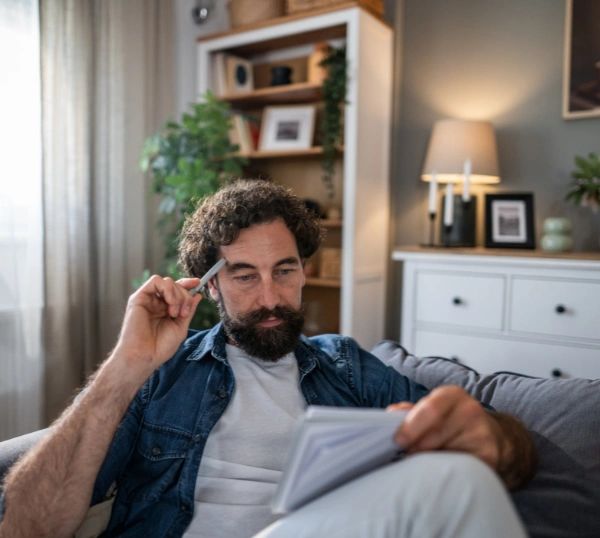 Person reading Alcoholics Anonymous Step Two quote and completing worksheet Image of a man sitting on a sofa, reading Alcoholics Anonymous Step Two quote and completing worksheet