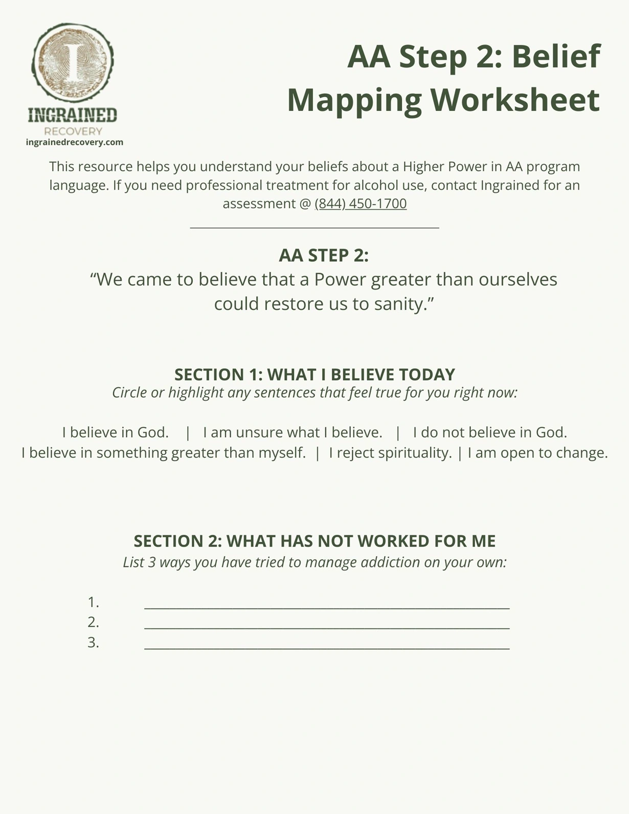 AA Step 2 BeliefA Mapping Worksheet 1 - Ingrained Recovery Step 2 AA Worksheet graphic - AA Step 2 Belief Mapping Worksheet 2 - Ingrained Recovery
