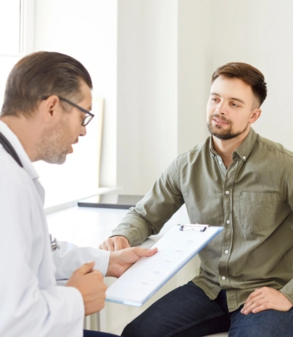 Image of a person reviewing Alliant health insurance documents for substance abuse treatment coverage Image of a medical technician reviewing Alliant health insurance documents for substance abuse treatment coverage with a patient