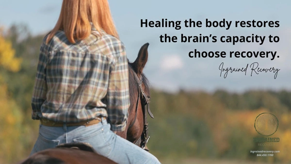 Image of woman riding on a horse - NAD Therapy for Addiction - Ingrained Recovery