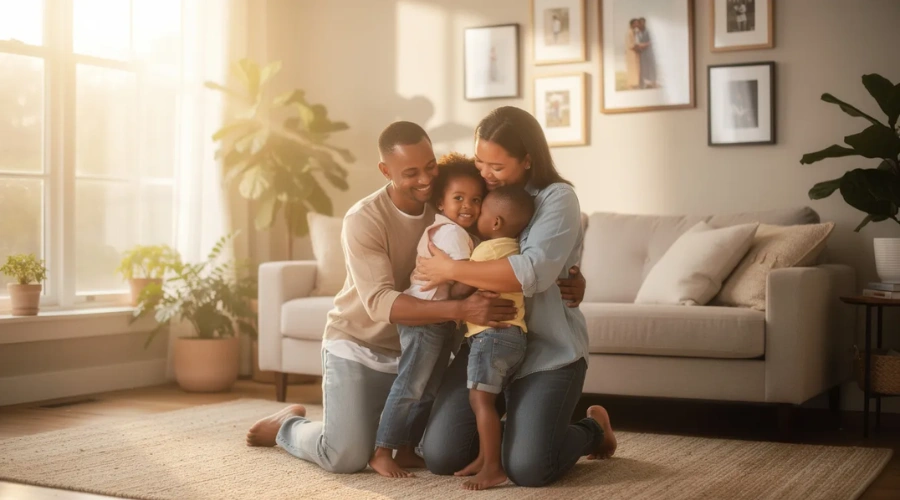 Image of a happy family sharing a warm hug together in their living room