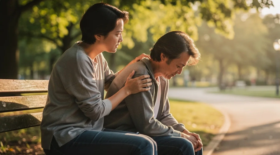 Image of a woman comforting a concerned man on a park bench