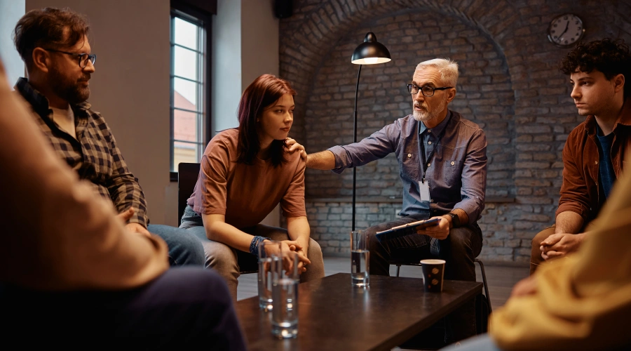 Image of a person in a support group or counseling session receiving accountability and help after kratom use