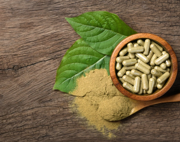 Image of kratom powder and capsules displayed next to kratom leaves Image of kratom powder and capsules displayed next to kratom leaves
