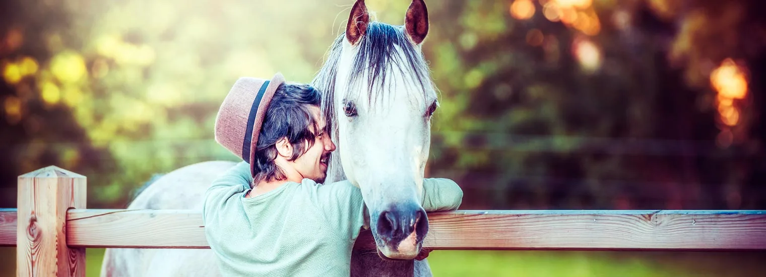 Image of a person hugging a horse over a wooden fence during holistic addiction treatment Image of a person hugging a horse over a wooden fence during holistic addiction treatment